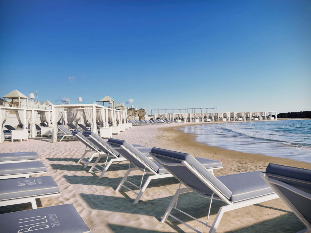 Blu Beach Club render della spiaggia con gazebo e lettini