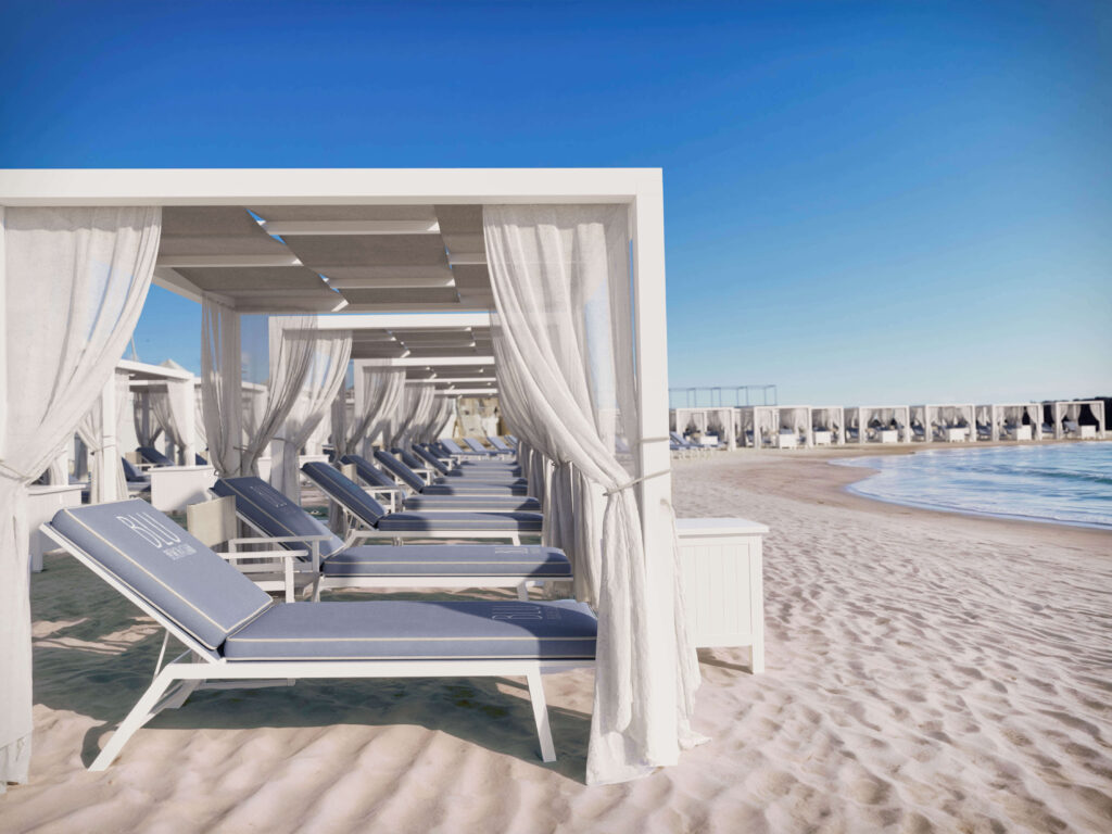 Blu Beach Club render della spiaggia con gazebo e lettini
